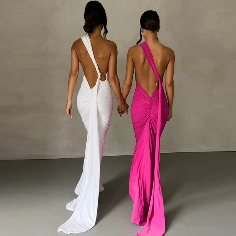 European and American style women's clothing 2023 summer new sexy open back pleated slim solid color