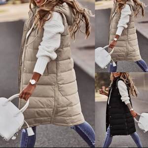 2023wish solid color hooded single-breasted midi cotton vest slim temperament cardigan jacket top